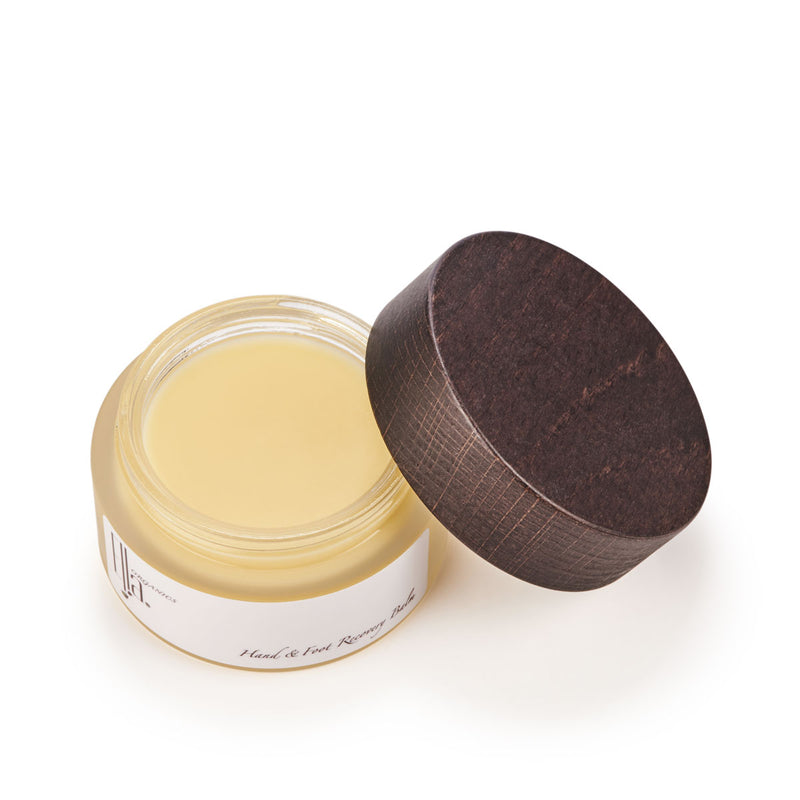 Organic Hand and Foot Recovery Balm open jar with wooden lid by Ella Organics